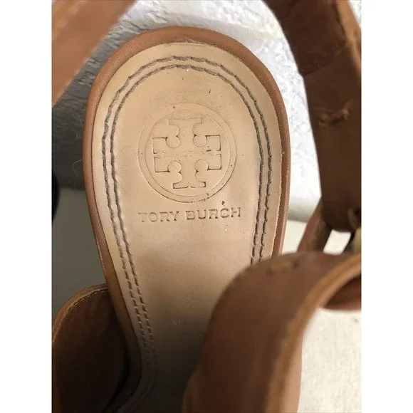 Tory Burch Slingback Shoes Saddle Leather Block Heel Peep Toe Mule Brazil Sz 7.5 - Picture 5 of 12
